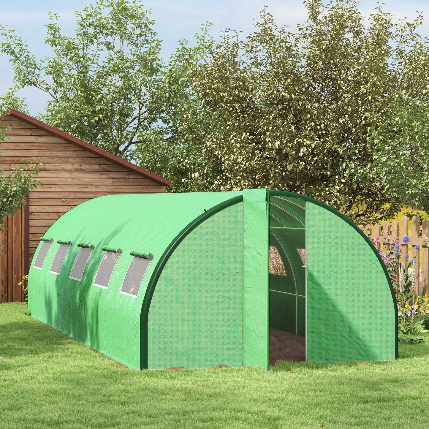 '-Outsunny Tunnel Greenhouse Walk-in Plant Warm House with 2 Hinged Doors, 10 Mesh Windows, 24.6' x 10' x 6.6', Green - Outdoor Style Company