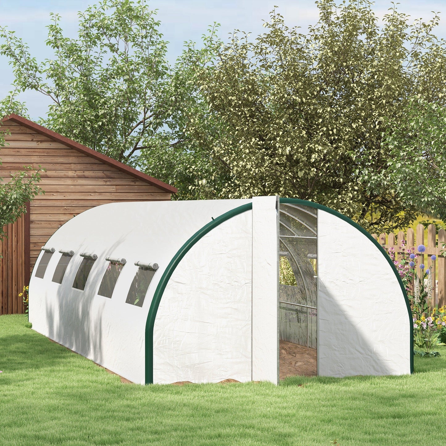 '-Outsunny Tunnel Greenhouse Walk-in Plant Warm House with 2 Hinged Doors, 10 Mesh Windows, 24.6' x 10' x 6.6', White - Outdoor Style Company