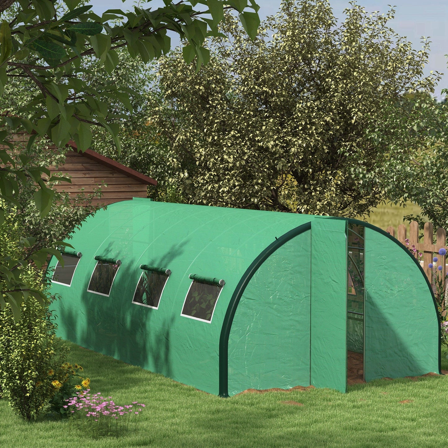 '-Outsunny Tunnel Greenhouse Walk-in Plant Warm House with 2 Hinged Doors, 8 Mesh Windows, 19.7' x 10' x 6.6', Green - Outdoor Style Company