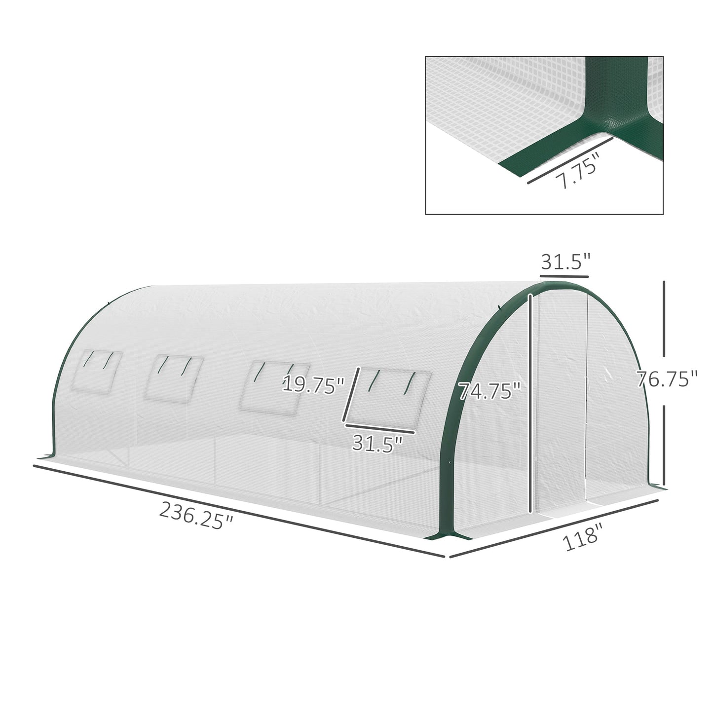 '-Outsunny Tunnel Greenhouse Walk-in Plant Warm House with 2 Hinged Doors, 8 Mesh Windows, 19.7' x 10' x 6.6', White - Outdoor Style Company