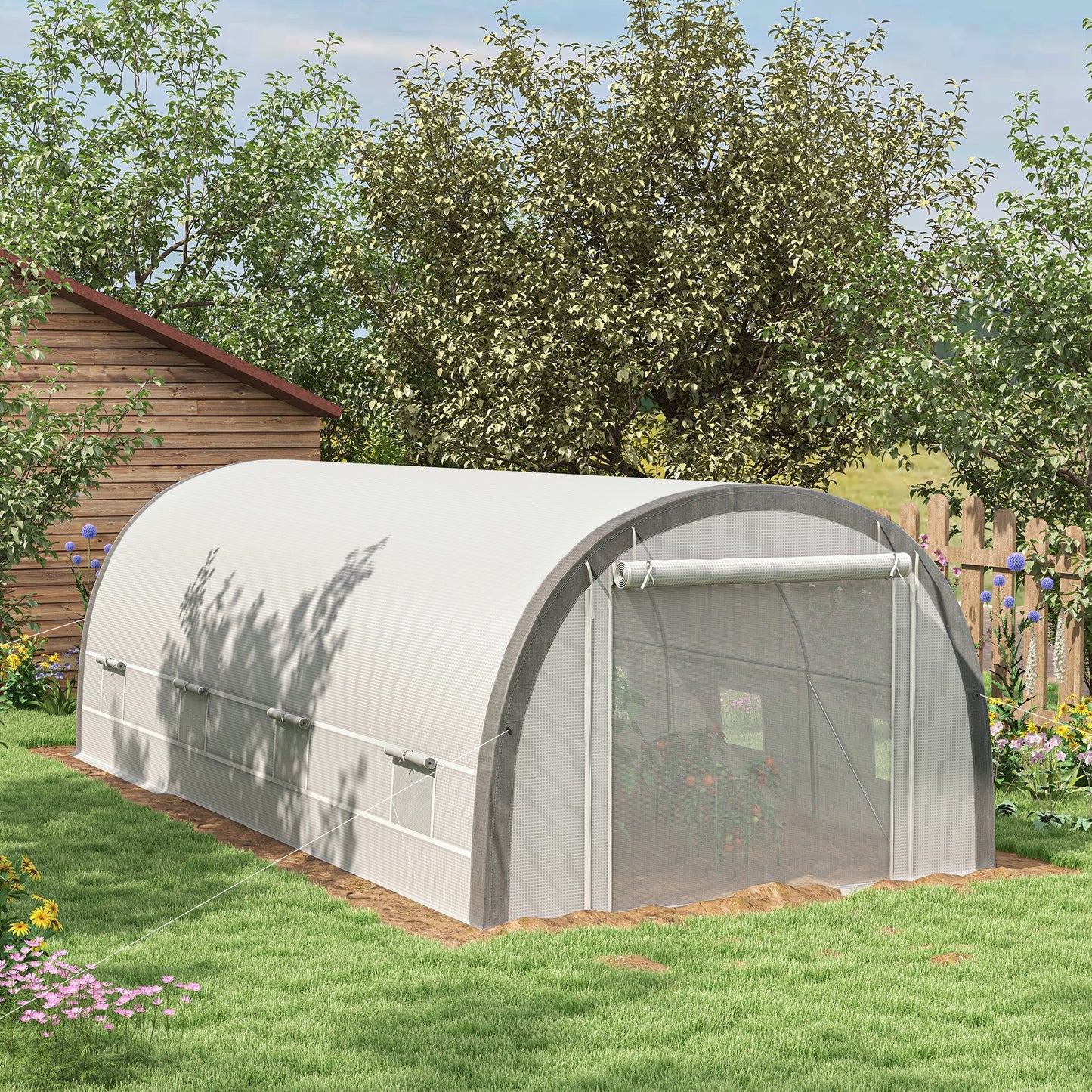 '-Outsunny Walk-in Tunnel Greenhouse with Upgraded Structure, Mesh Door and Windows, Warm Tent Plant House, White - Outdoor Style Company