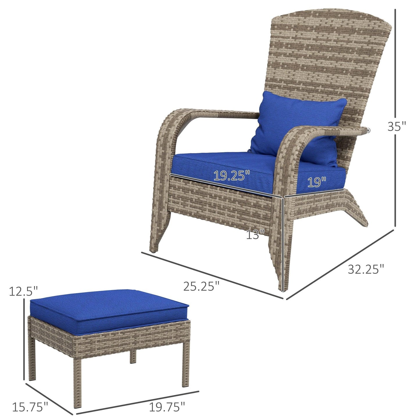 '-Outsunny Wicker Adirondack Chair, with Ottoman & Removable Cushions, Sloping Seat with Wide Armrests, for Deck, Garden, Backyard, Blue | Aosom.com - Outdoor Style Company