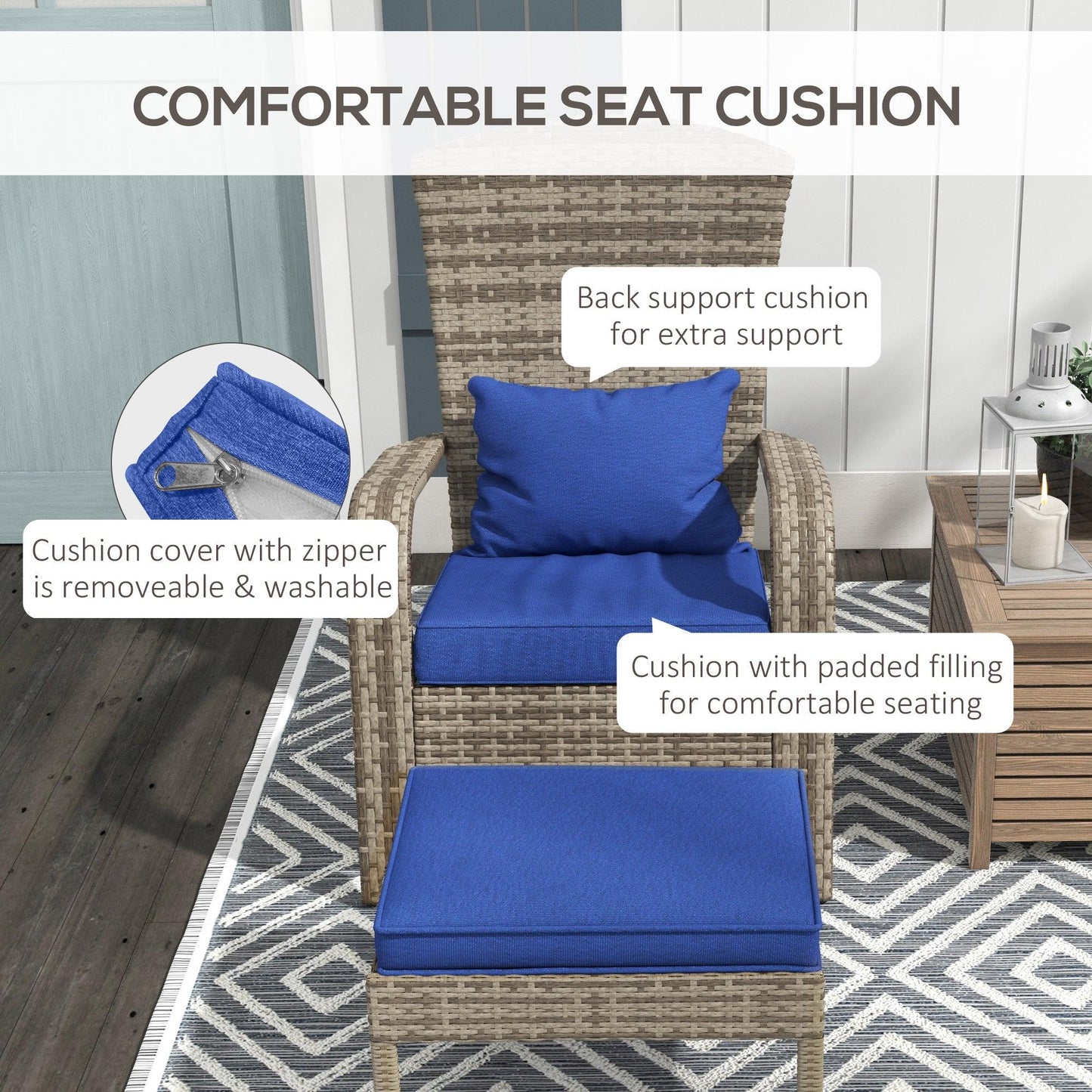 '-Outsunny Wicker Adirondack Chair, with Ottoman & Removable Cushions, Sloping Seat with Wide Armrests, for Deck, Garden, Backyard, Blue | Aosom.com - Outdoor Style Company