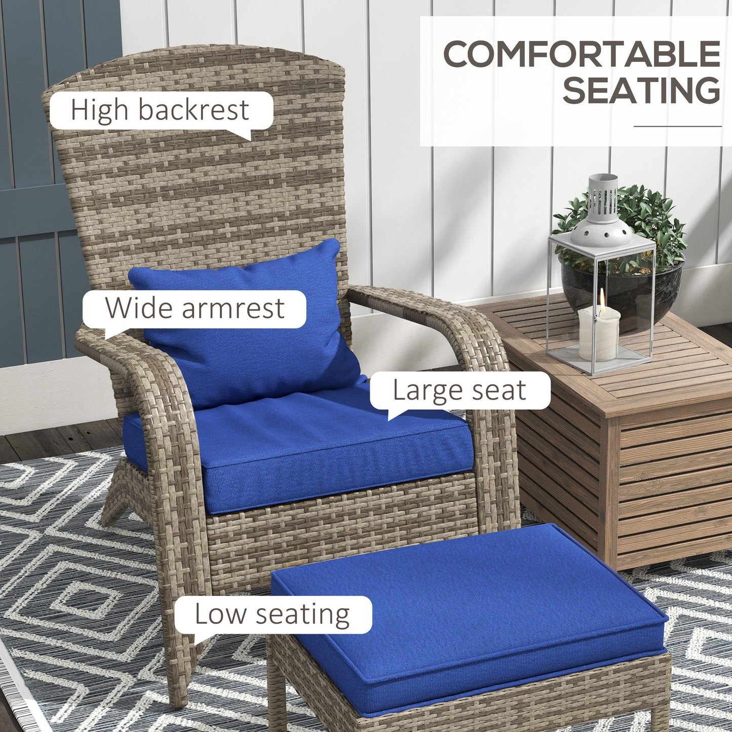 '-Outsunny Wicker Adirondack Chair, with Ottoman & Removable Cushions, Sloping Seat with Wide Armrests, for Deck, Garden, Backyard, Blue | Aosom.com - Outdoor Style Company