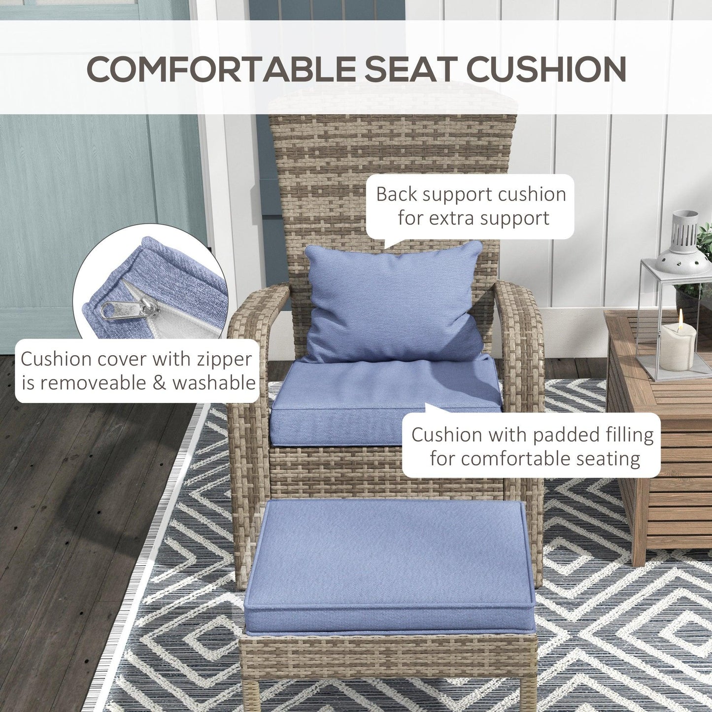 '-Outsunny Wicker Adirondack Chair, with Ottoman & Removable Cushions, Sloping Seat with Wide Armrests, for Deck, Garden, Backyard, Gray | Aosom.com - Outdoor Style Company