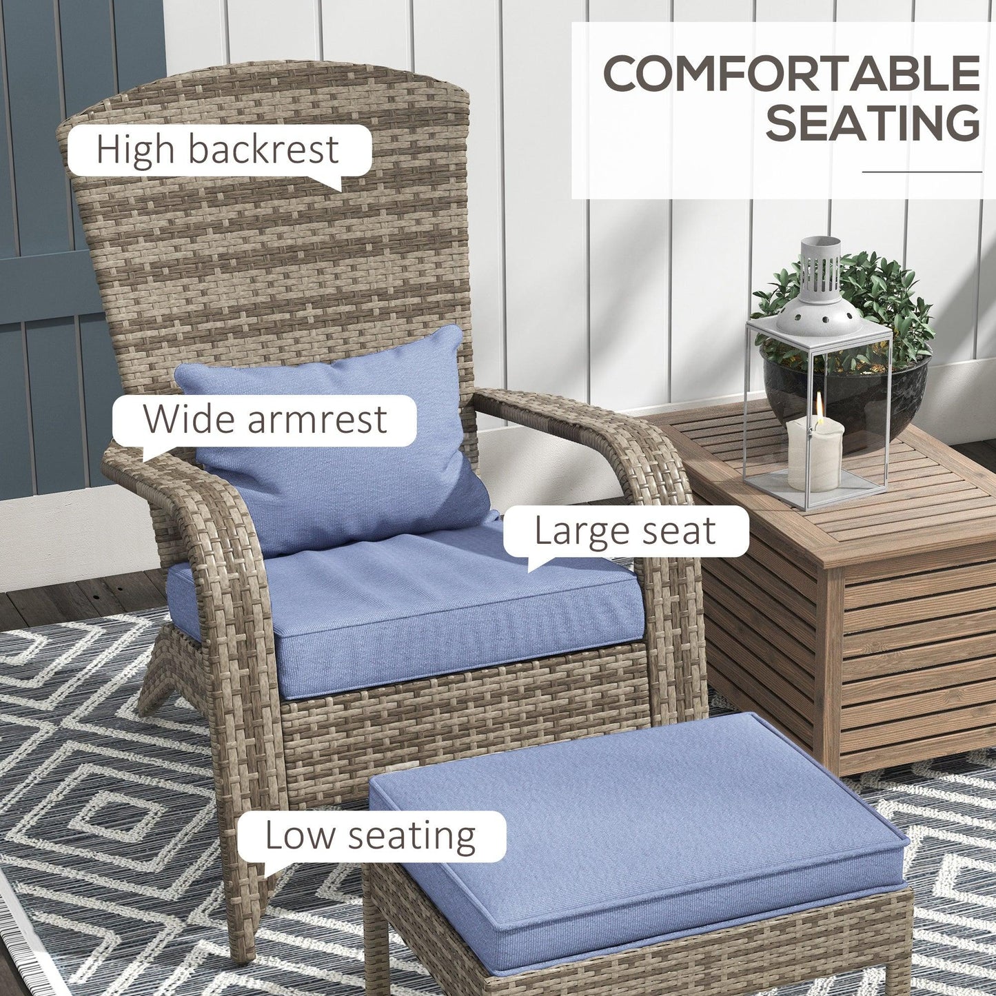 '-Outsunny Wicker Adirondack Chair, with Ottoman & Removable Cushions, Sloping Seat with Wide Armrests, for Deck, Garden, Backyard, Gray | Aosom.com - Outdoor Style Company