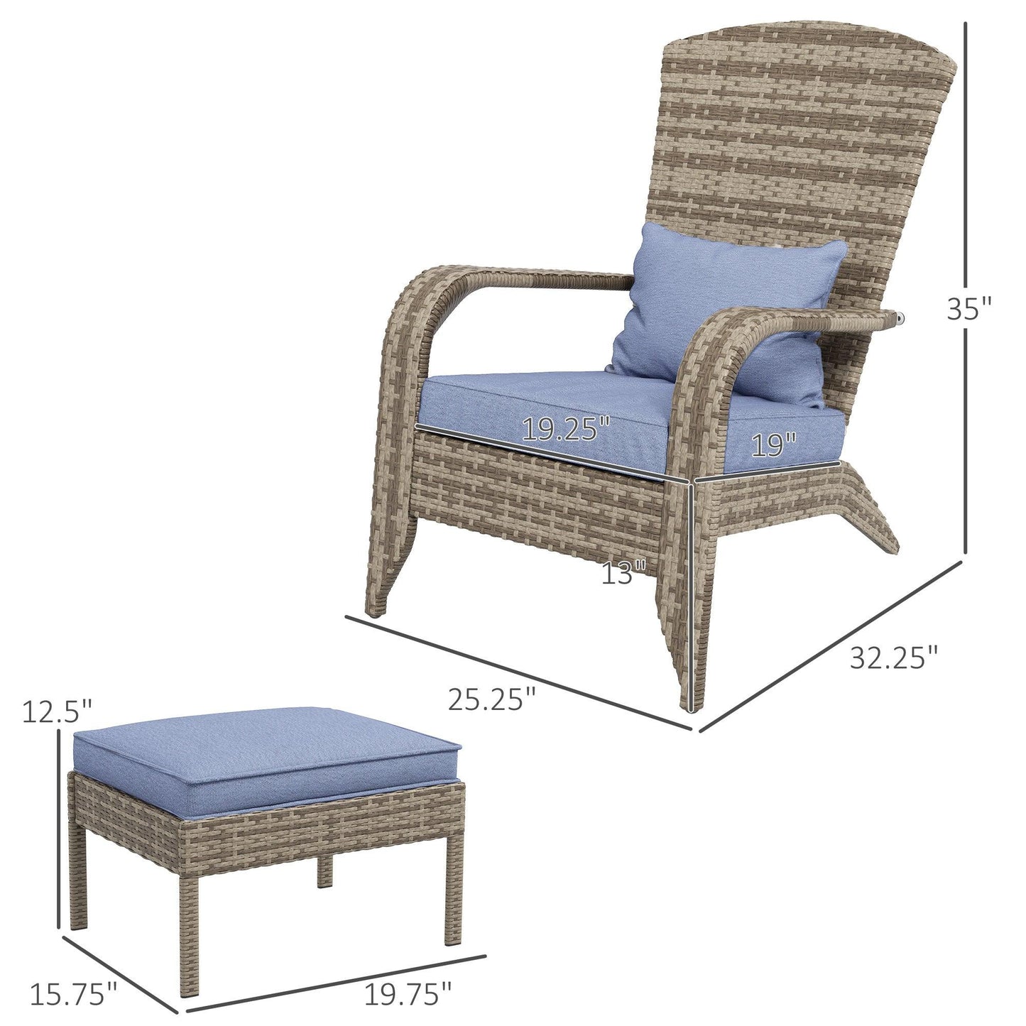 '-Outsunny Wicker Adirondack Chair, with Ottoman & Removable Cushions, Sloping Seat with Wide Armrests, for Deck, Garden, Backyard, Gray | Aosom.com - Outdoor Style Company