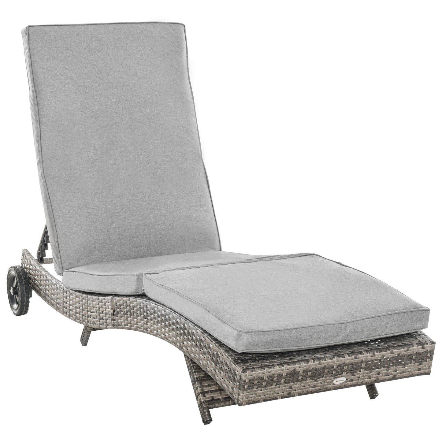 '-Outsunny Wicker Chaise Lonuge, Outdoor Rattan Cushioned, Sun Lounger w/ 5-Level Adjustable Backrest & 2 Wheels for Movement, Grey | Aosom.com - Outdoor Style Company