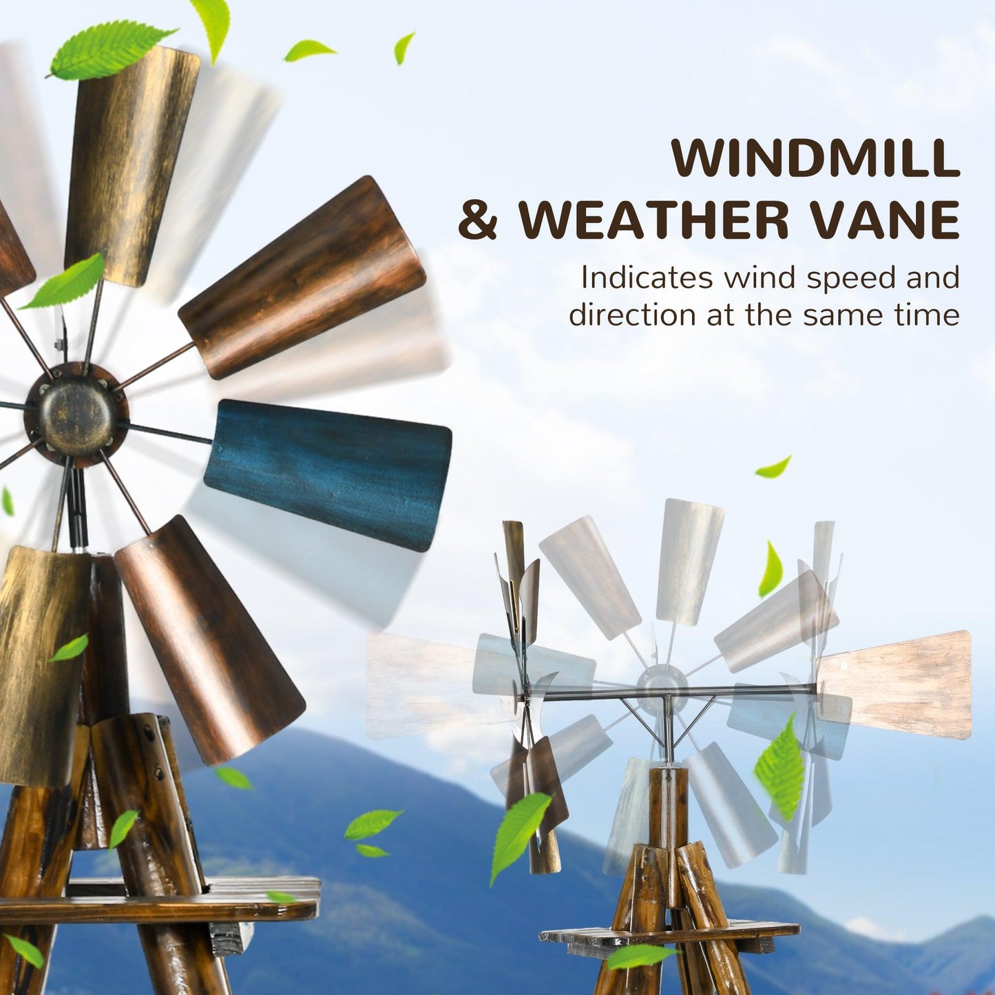 '-Outsunny Windmill Weather Vane Wind Vane with Bottom Shelf, Steel Windmill Head, Stained Wood - Outdoor Style Company