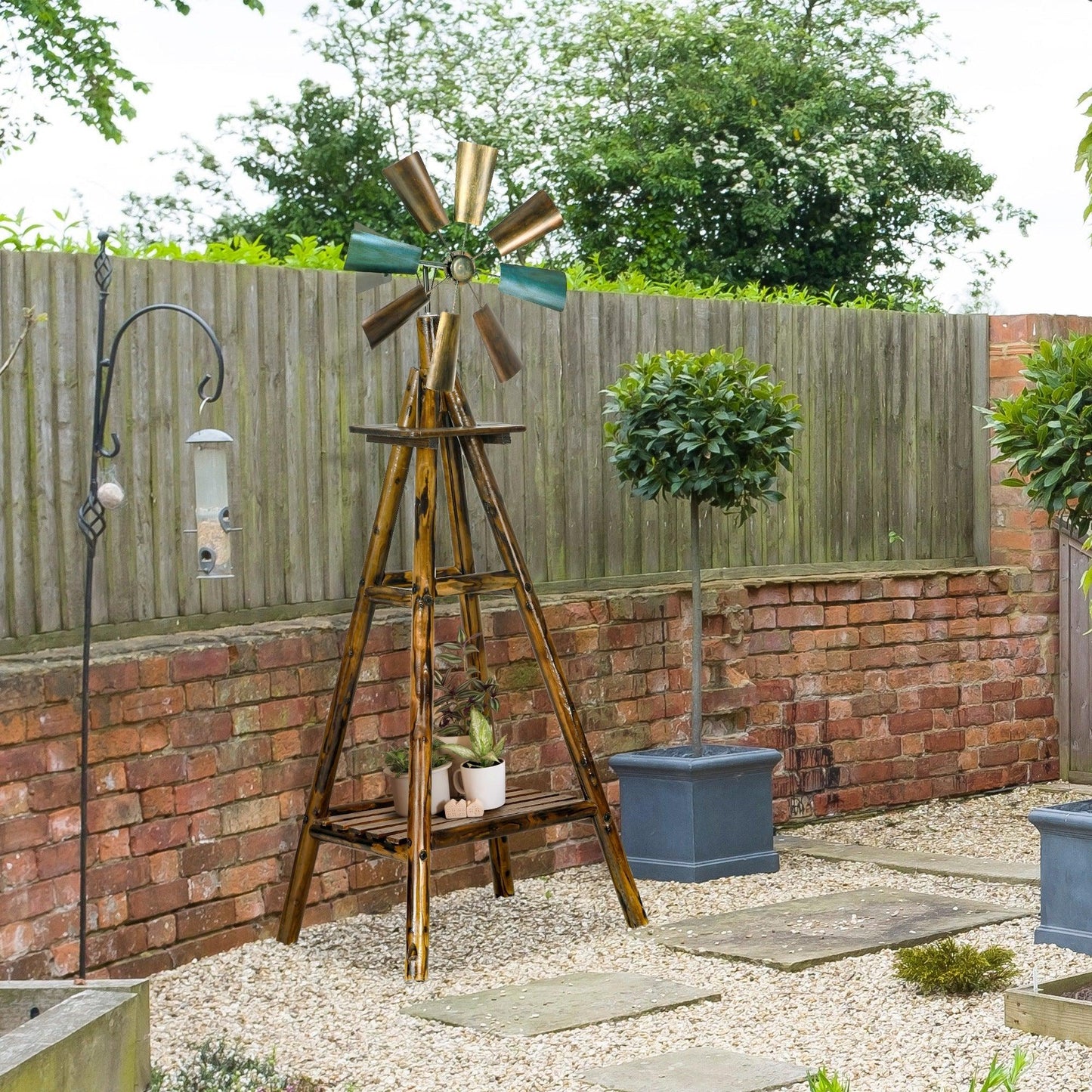 '-Outsunny Windmill Weather Vane Wind Vane with Bottom Shelf, Steel Windmill Head, Stained Wood - Outdoor Style Company