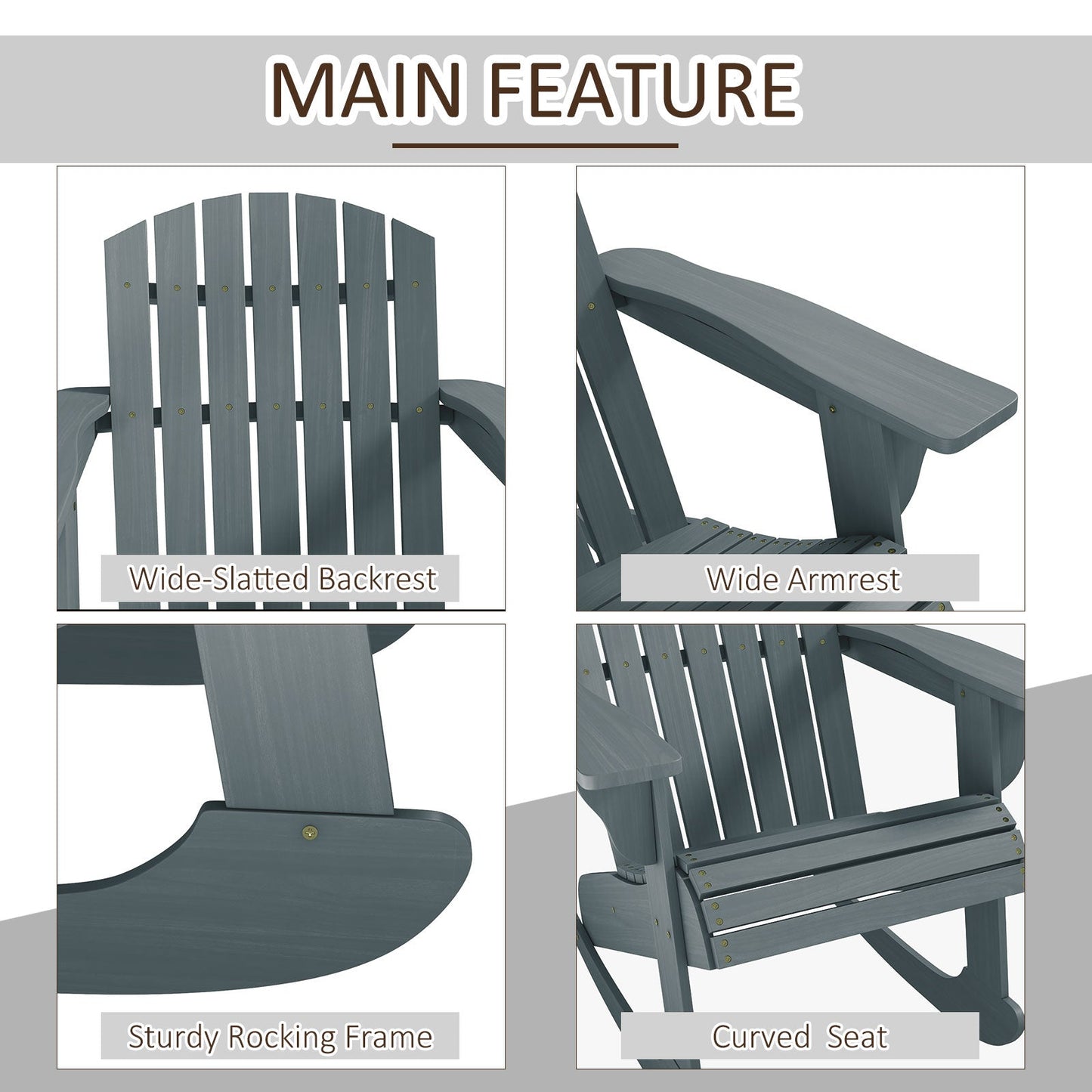 '-Outsunny Wood Adirondack Outdoor Lounge Rocking Chair Fire Pit Seating with Slatted Wooden Design, Fanned Back, Gray - Outdoor Style Company