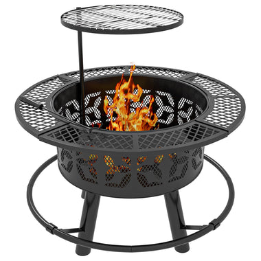 '-Outsunny Wood Burning Fire Pit, Charcoal BBQ Grill, Portable Firepit with Cooking Grate, Pan, and Poker, 33", Black - Outdoor Style Company