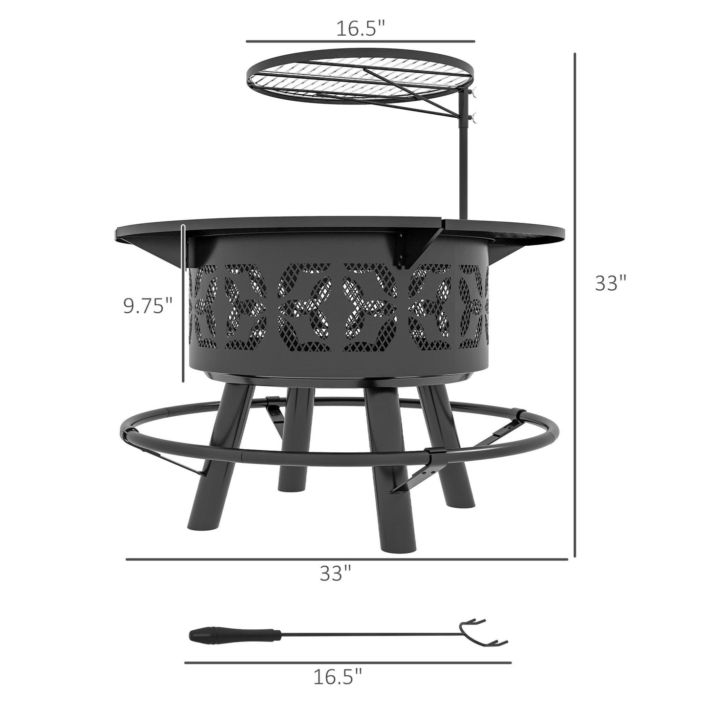 '-Outsunny Wood Burning Fire Pit, Charcoal BBQ Grill, Portable Firepit with Cooking Grate, Pan, and Poker, 33", Black - Outdoor Style Company