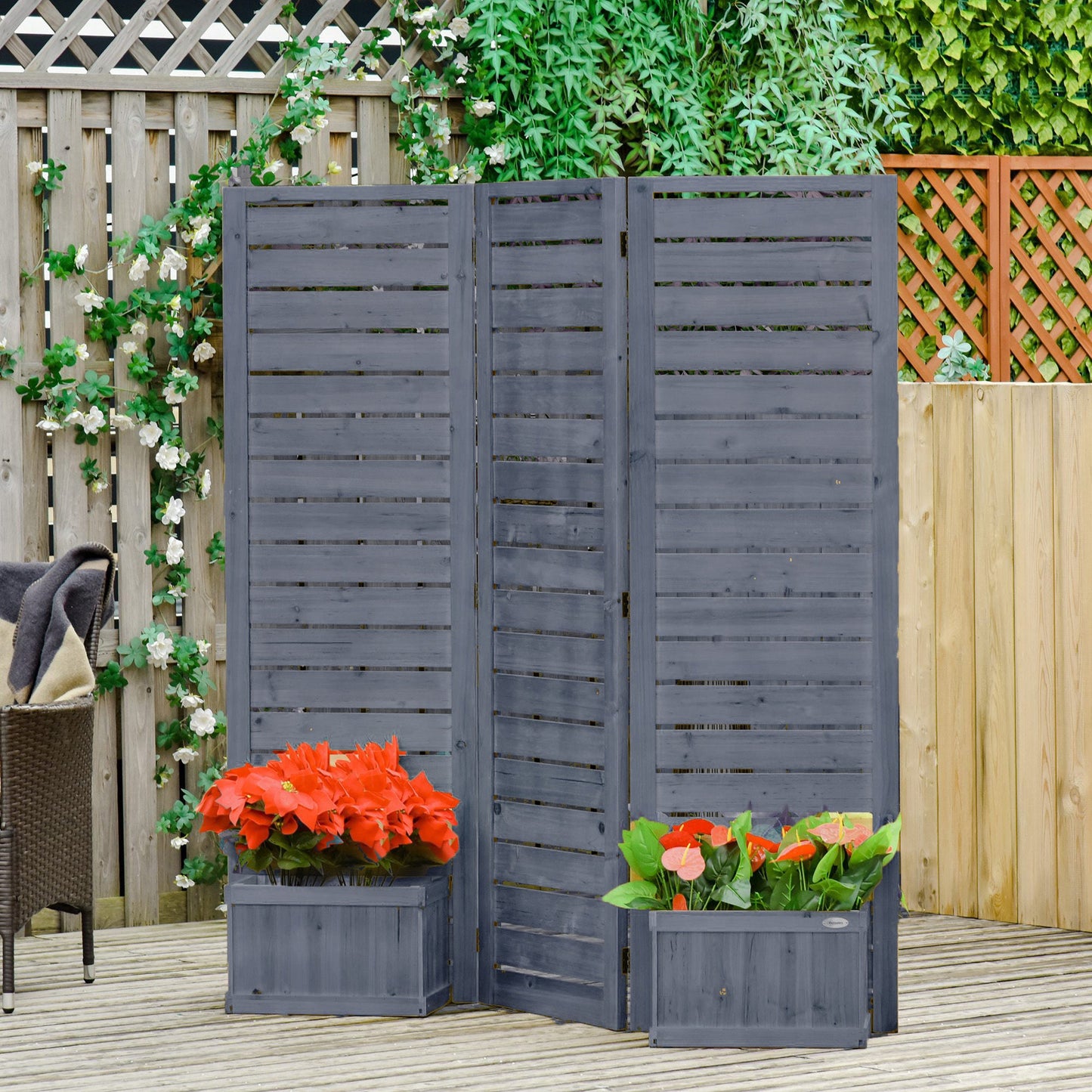 '-Outsunny Wood Privacy Screen w/ 4 Planter Box, Raised Bed w/ 3 Panels & Drainage Holes - Outdoor Style Company