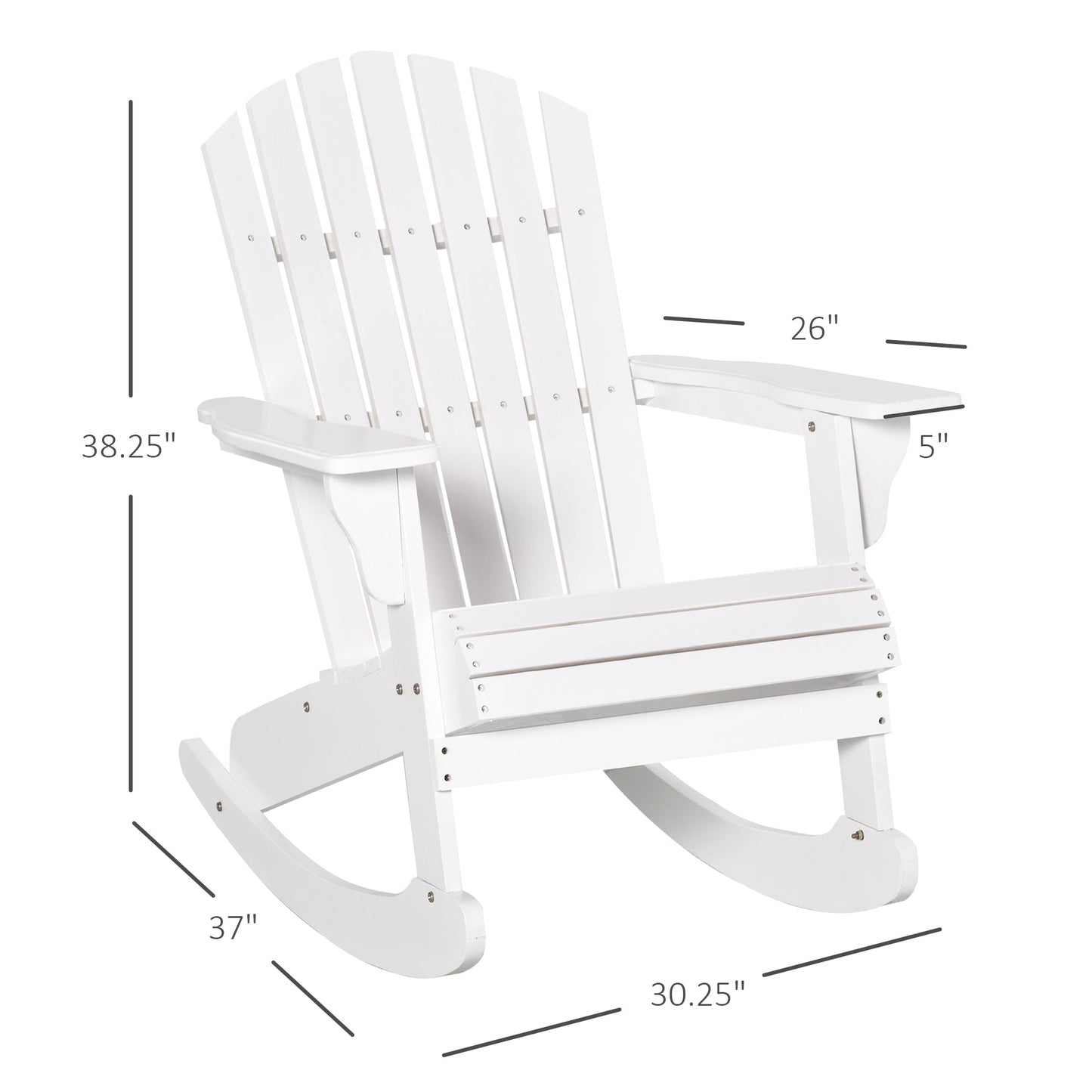 '-Outsunny Wooden Adirondack Rocking Chair Outdoor Lounge Chair Fire Pit Seating with Slatted Wooden Design, Fanned Back, White - Outdoor Style Company