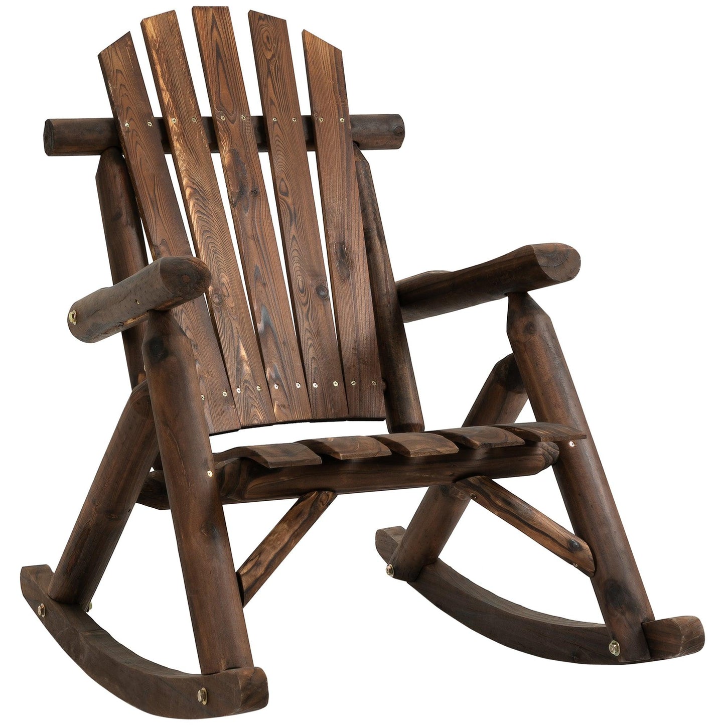 '-Outsunny Wooden Adirondack Rocking Chair, Outdoor Rustic Log Rocker with Slatted Design for Patio, Carbonized - Outdoor Style Company