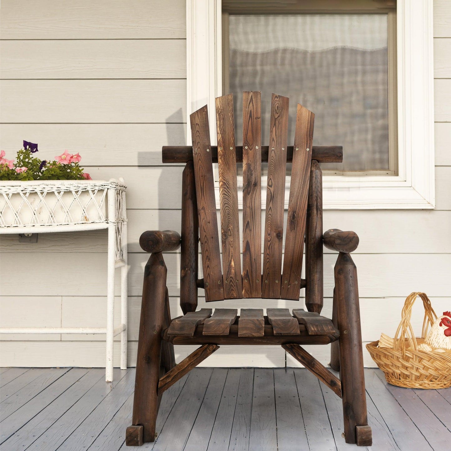 '-Outsunny Wooden Adirondack Rocking Chair, Outdoor Rustic Log Rocker with Slatted Design for Patio, Carbonized - Outdoor Style Company