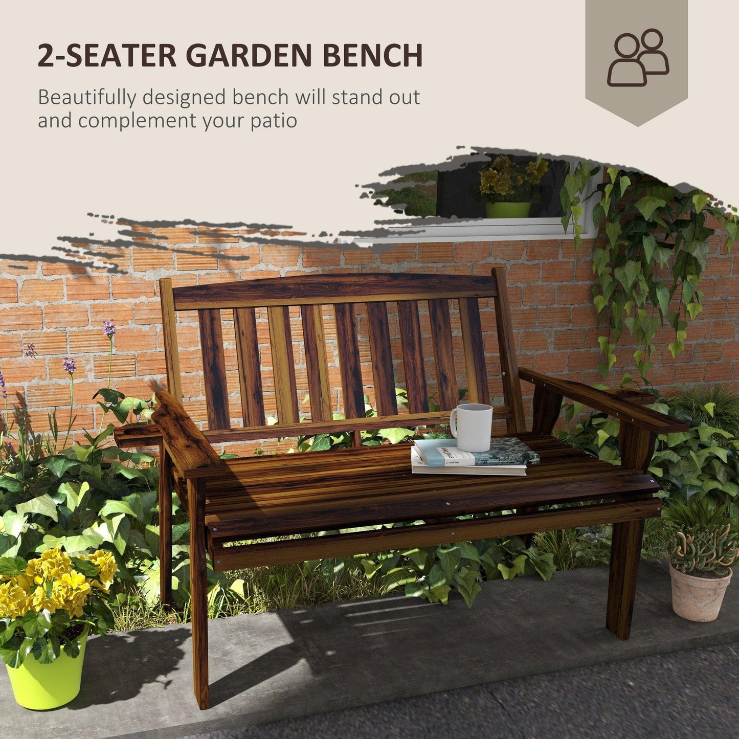 '-Outsunny Wooden Outdoor Bench with Slatted Armrests and Back, Patio Bench for Lawn, Park, Deck, Carbonized - Outdoor Style Company