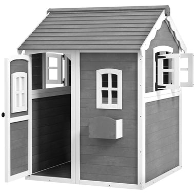 -Outsunny Wooden Playhouse for Kids Outdoor with Floors, Doors, Windows, Planter Box, for 3-8 Years Old, Backyard, Lawn, Garden - Outdoor Style Company