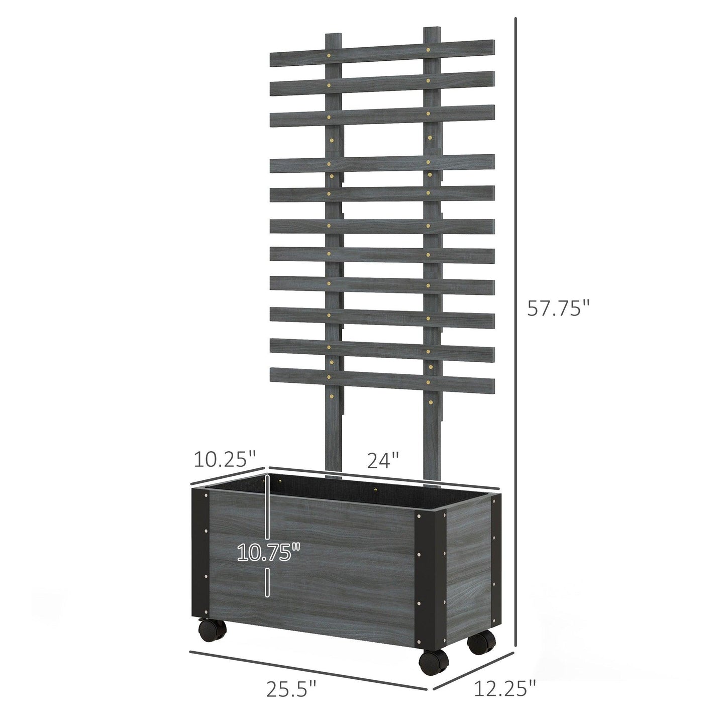 Side Tables - Outsunny Wooden Raised Garden Bed, Planter with Trellis and Metal Corners, Portable on Wheels, for Patio, Backyard, Deck, Gray - Outdoor Style Company