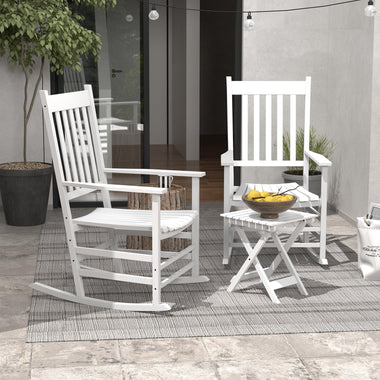 Side Tables - Outsunny Wooden Rocking Chair Set w/ Foldable Side Table, Outdoor Rocker Chairs w/ Curved Armrests, Slatted Top Table, Supports Up to 352 lbs., White - Outdoor Style Company