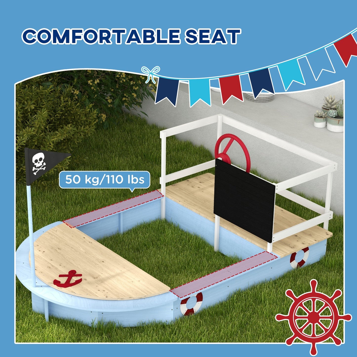 -Outsunny Wooden Sandbox with Pirate Ship Design for 3-7 Years, Blue - Outdoor Style Company