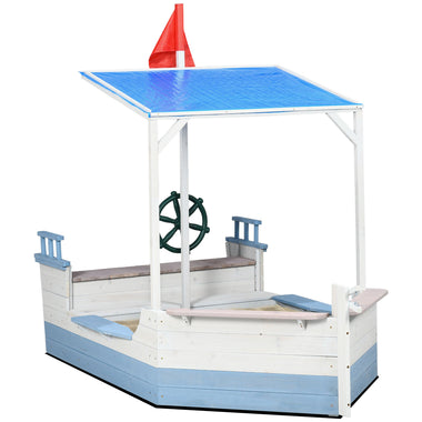 -Outsunny Wooden Sandbox with UV-resistant Canopy, Kids Sandboat for Outdoor Backyard with Bench Seats, Gift for 3-8 Years Old, 82.75" x 43.25", Blue - Outdoor Style Company