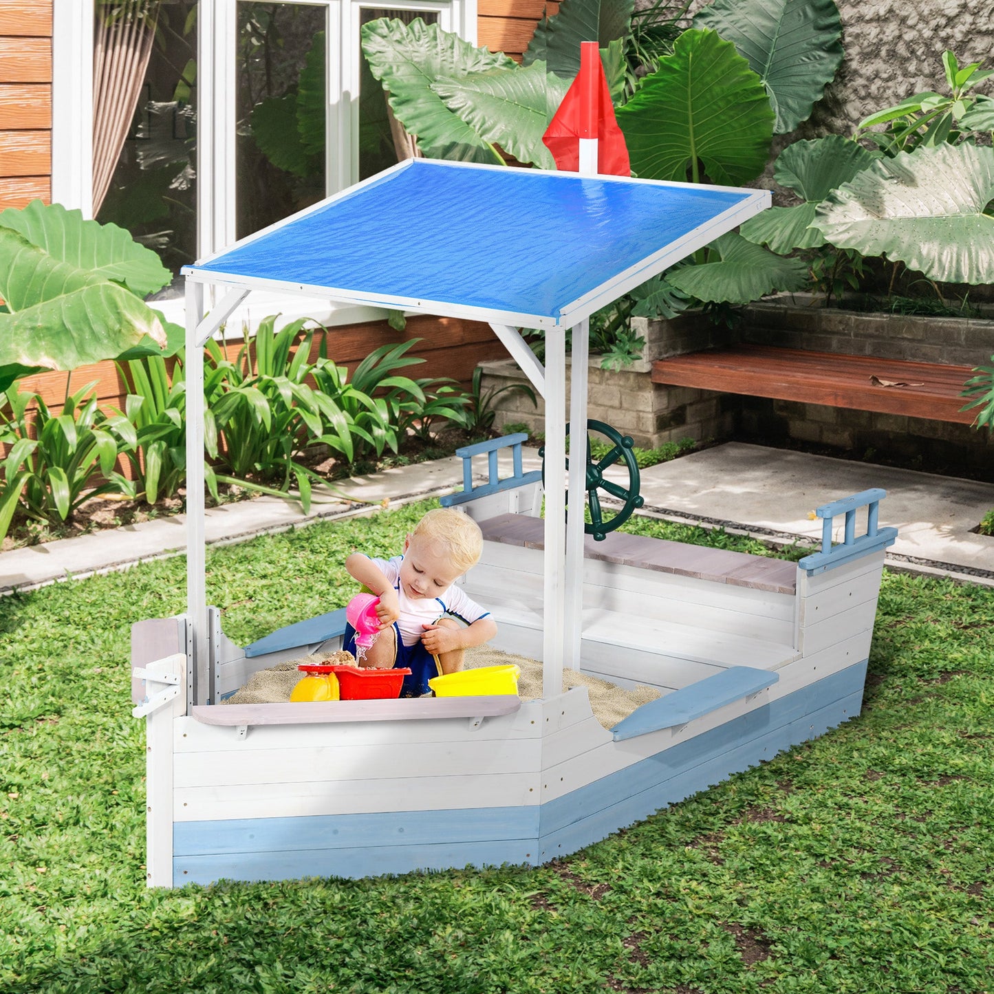 -Outsunny Wooden Sandbox with UV-resistant Canopy, Kids Sandboat for Outdoor Backyard with Bench Seats, Gift for 3-8 Years Old, 82.75" x 43.25", Blue - Outdoor Style Company