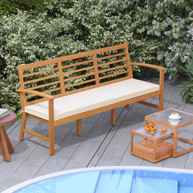  - Patio 64 Inch Wood Bench with Seat Cushion and Slatted Seat for Backyard - Off White - Outdoor Style Company