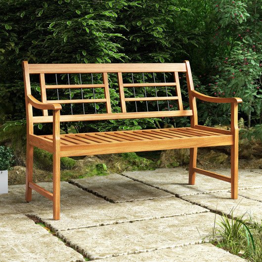  - Patio Acacia Wood Bench with Curved Armrests Slatted Seat and Backrest - Outdoor Style Company