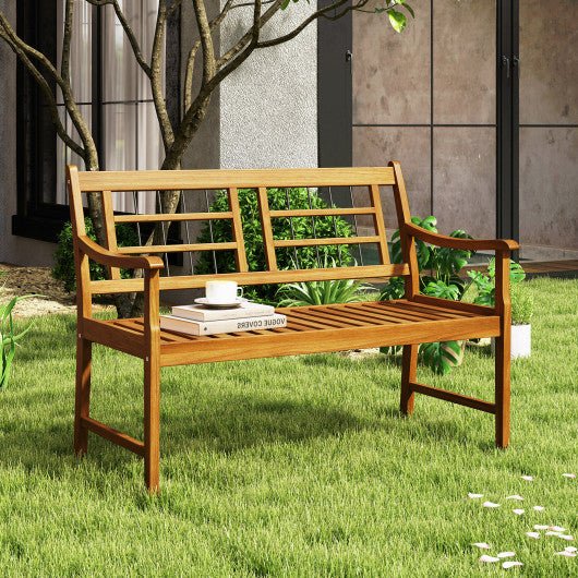  - Patio Acacia Wood Bench with Curved Armrests Slatted Seat and Backrest - Outdoor Style Company