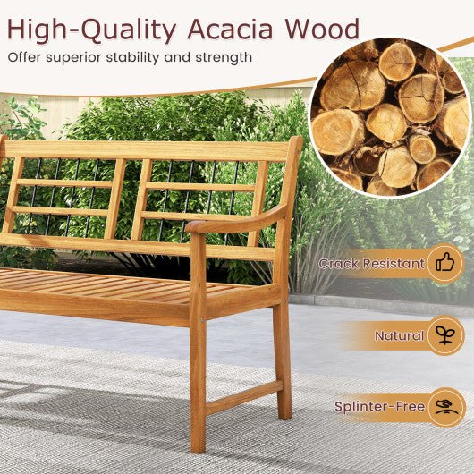  - Patio Acacia Wood Bench with Curved Armrests Slatted Seat and Backrest - Outdoor Style Company