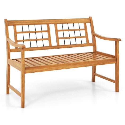  - Patio Acacia Wood Bench with Curved Armrests Slatted Seat and Backrest - Outdoor Style Company