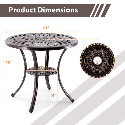  - Patio Cast Aluminum Table 31 Inch Diameter Round Table with Umbrella Hole - Outdoor Style Company