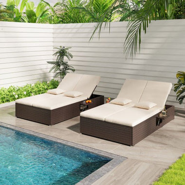  - Patio Double Chaise Lounge with Cushions and Folding Side Trays - Outdoor Style Company