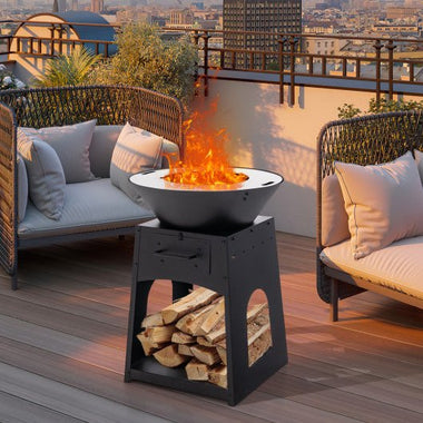  - Patio Fire Pit with Firewood Log Rack with Grill and Ash Box - Black - Outdoor Style Company