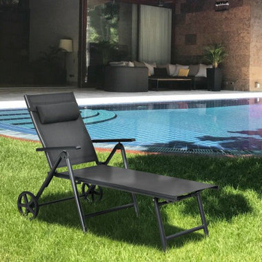  - Patio Lounge Chair with Wheels Neck Pillow Aluminum Frame Adjustable - Outdoor Style Company