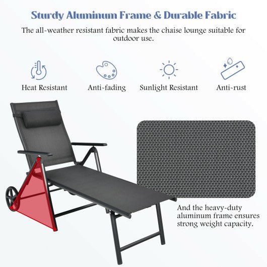  - Patio Lounge Chair with Wheels Neck Pillow Aluminum Frame Adjustable - Outdoor Style Company