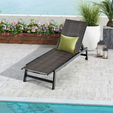  - Patio PE Rattan Chaise Lounge with 5 - Level Backrest and Wheels - Outdoor Style Company