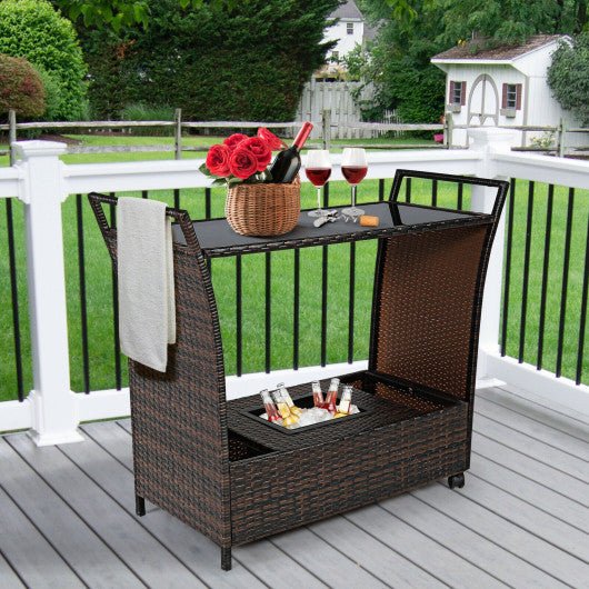  - Patio Rattan Bar Serving Cart with Glass Top and Handle - Outdoor Style Company