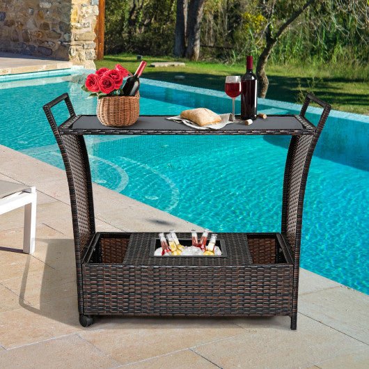  - Patio Rattan Bar Serving Cart with Glass Top and Handle - Outdoor Style Company