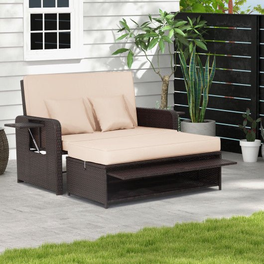  - Patio Rattan Daybed with 4 - Level Adjustable Backrest and Retractable Side Tray - Outdoor Style Company