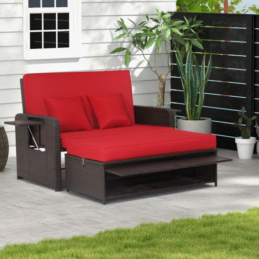  - Patio Rattan Daybed with 4 - Level Adjustable Backrest and Retractable Side Tray - Outdoor Style Company