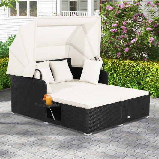  - Patio Rattan Daybed with Retractable Canopy and Side Tables - Outdoor Style Company