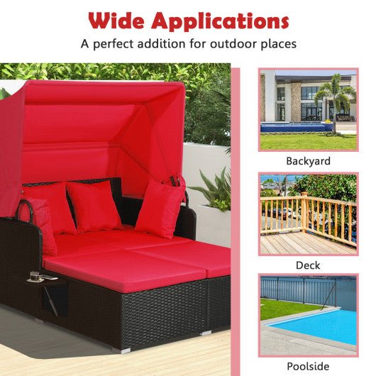  - Patio Rattan Daybed with Retractable Canopy and Side Tables - Outdoor Style Company