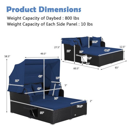  - Patio Rattan Daybed with Retractable Canopy and Side Tables - Outdoor Style Company