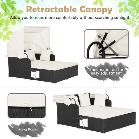  - Patio Rattan Daybed with Retractable Canopy and Side Tables - Outdoor Style Company