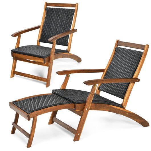  - Patio Rattan Folding Lounge Chair with Acacia Wooden Frame Retractable Footrest - Outdoor Style Company