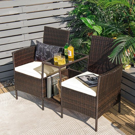  - Patio Rattan Wicker Conversation Set Sofa Cushioned Loveseat Glass Table - Outdoor Style Company