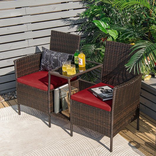  - Patio Rattan Wicker Conversation Set Sofa Cushioned Loveseat Glass Table - Outdoor Style Company